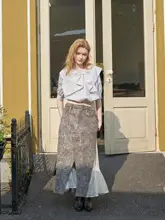 フリル付きストライプ半袖ブラウス【夏用・リボンデザイン・レディース】