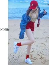 高腰デニムショートパンツ【レディース・赤・スタイリッシュ・夏用・スリムフィット】（セットアップ対応）