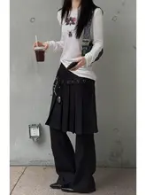 大きいサイズの韓国風ブラックパンツ【スカート重ね着・一体型・ビジネスカジュアル】（セットアップ対応）