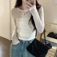 シフォン素材のラウンドネック長袖Tシャツ【春用・女性用・スリムフィット】