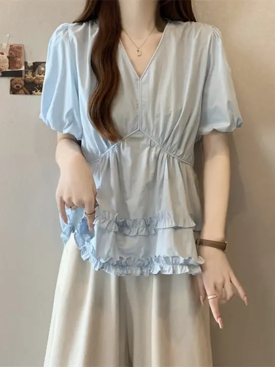 木製耳エッジ裾 浅蓝色 Vネック半袖 シャツ 女性