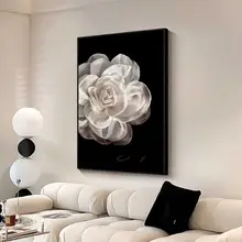 フレンチスタイルの山茶花モチーフ装飾画【白黒・高級感・玄関用】