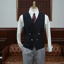 IsirHonour メンズダブルブレストブレザー風ベスト【ネイビー・金属ボタン・肩パッド付き】