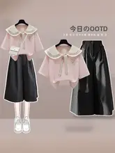 夏季学院風セットアップ 【ネイビー襟・半袖・七分パンツ・スカート】（セットアップ対応）