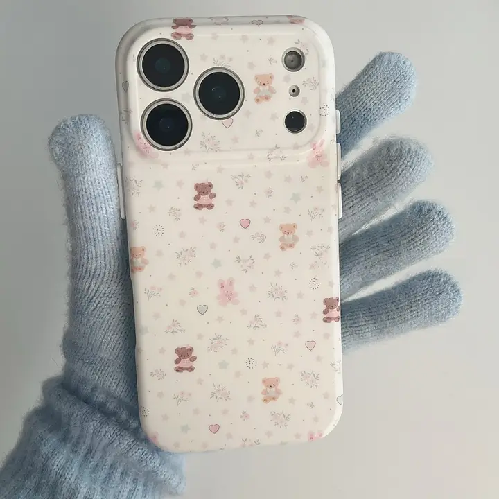 可愛い満開の花柄！小熊とピンクうさぎデザイン iPhone専用カバー【衝撃吸収・デザイン性抜群】