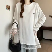 白色レースコンビネーション長袖Tシャツ【大きいサイズ・秋用・ミディ丈】