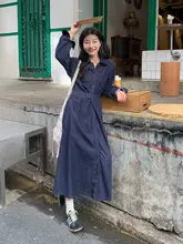 深い青の長袖デニムシャツワンピース【ウエストマーク・秋用】