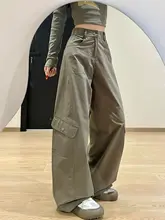 軍用グリーンの韓国風レトロカーゴパンツ【春用・快適・スリムフィット・ワイドレッグ】（セットアップ対応）