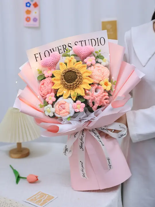 手編みバラとアートサンフラワーの花束【誕生日ギフト・友達へのプレゼント】