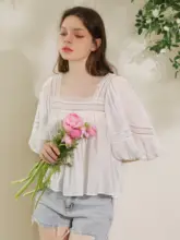 春夏用 シルクコットン ホワイト 方形ネック  レース フリル パフスリーブ ティーシャツ