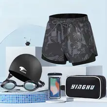 メンズ水着3点セット【水泳パンツ・水泳帽・ゴーグル・ダブルレイヤー・ビーチ用】