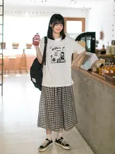 小雨 良品 レディース 夏用 高腰チェック柄ワイドパンツ【黒・9分丈・小柄向け】