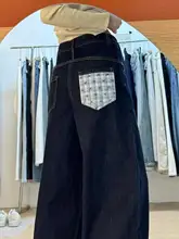 デザイン性のあるブルーカフ付きデニムパンツ【レディース・梨型体型・格子柄・ストレート】（セットアップ対応）