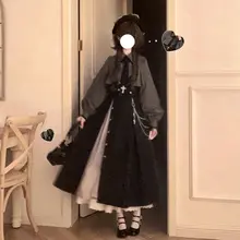 ゴシック風ロリータスタイルのストライプ長袖シャツとハイウエストスカートのコーディネート（セットアップ対応）