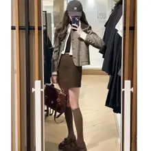 ココア色ウール調ハイウエストAラインスカート【厚手・レトロ・タイトフィット】