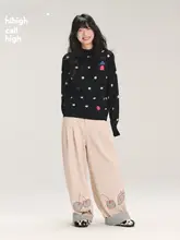 フルーツデザインのチェック柄パッチワークコーデュロイパンツ【ストレート・フィット】