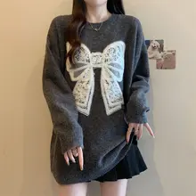 体型カバーに最適！リボン付きラフニットトップス【秋冬用・ゆったりシルエット・中長丈】