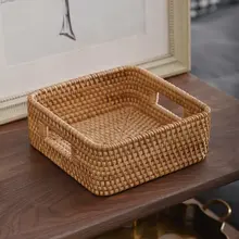北欧風 レトロデザインの天然木製収納ボックス【ラタン編み・化粧品・文具整理用】