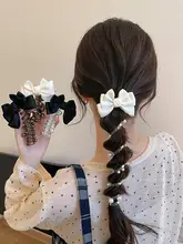 リボンとパール付きふわふわ編みこみヘアゴム【高級感・電話線デザイン】