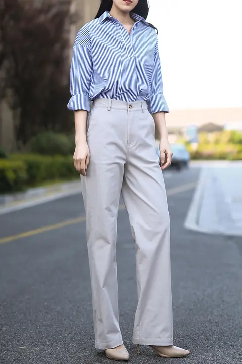 レディース コットンストレートパンツ【ハイウエスト・ホワイト・カーキ・春秋用・通勤用】