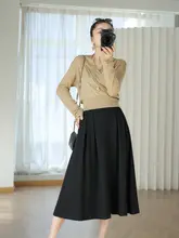 リネン素材の通気性ハイウエストミディスカート【体型カバー・秋用・女性用】