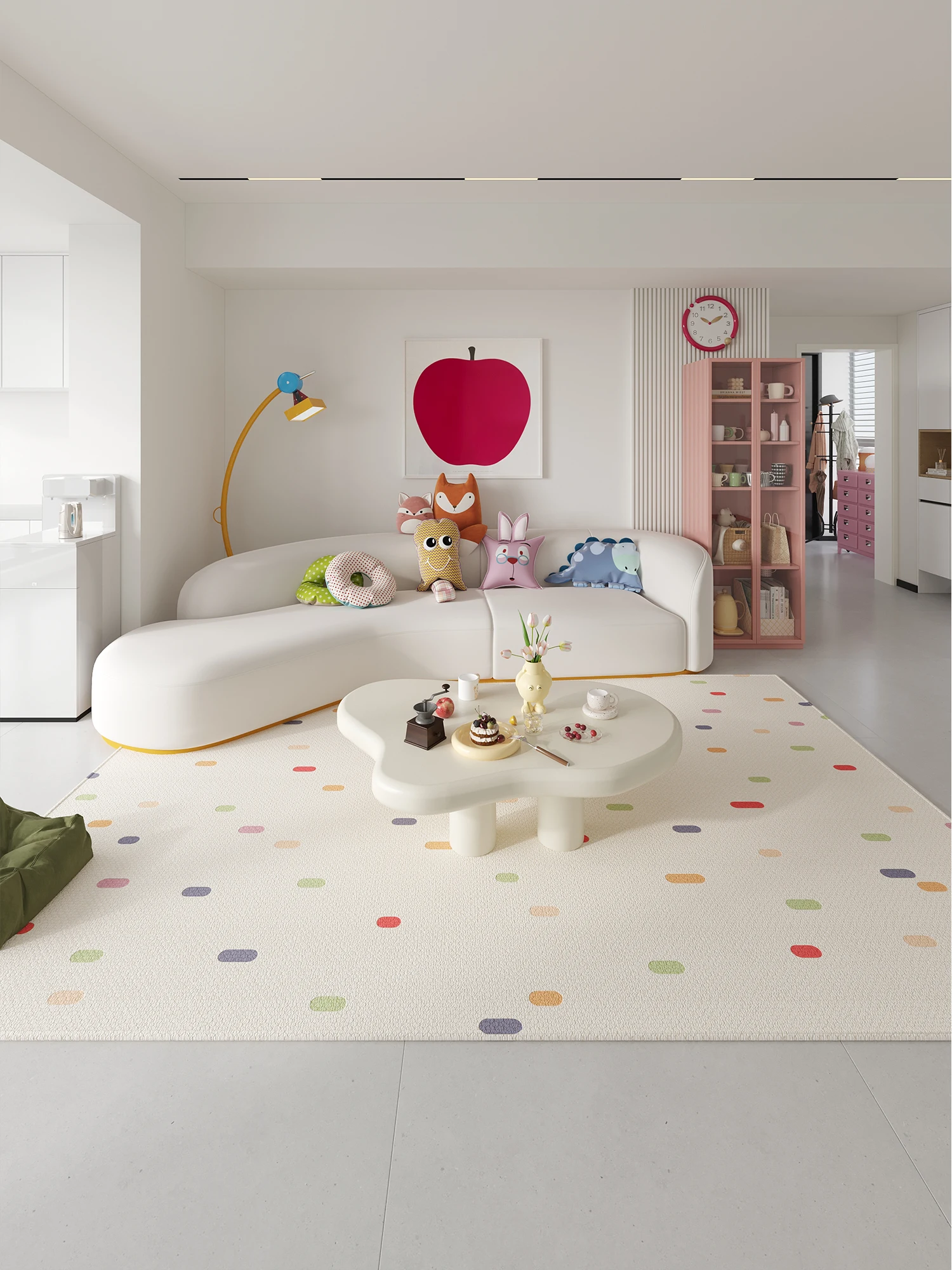 カラフルドットデザインのリビングルームカーペット：子供部屋用の高級感と安全性を実現