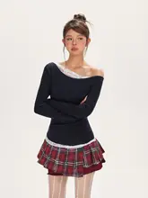 デザイン感あるレースの斜め肩トップス【女性用・ウェストシェイプ・秋季】（セットアップ対応）
