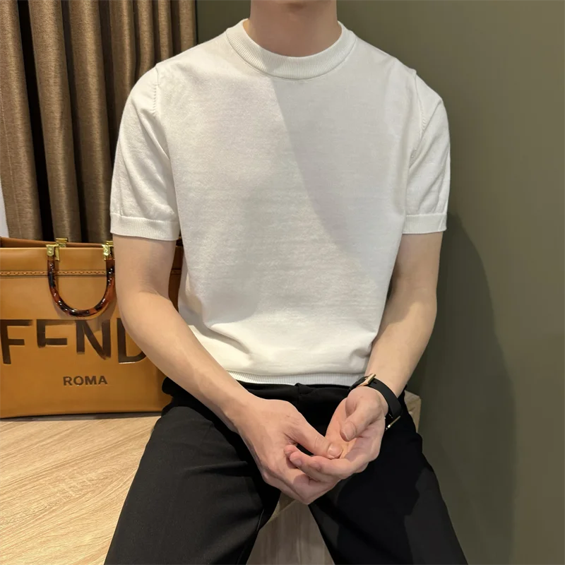 夏用クルーネック通気性の良いメンズニットTシャツ【シンプル・軽やかなデザイン・通勤向け】