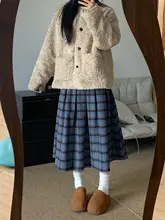 秋冬用 レトロチェック Aラインスカート【ウエストゴム・大きいサイズ・中丈・ウール素材】