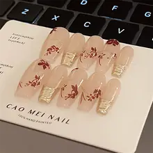 ネイルチップ プレスオンネイル ハンドメイド メタルライン フラワーデザイン ヌードベージュ おしゃれ 「BB」