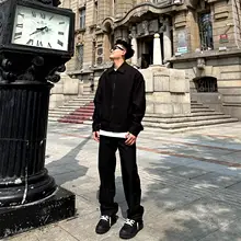 黒の作業パンツ【ゆったりとしたストレートシルエット・秋用・カジュアル】（セットアップ対応）
