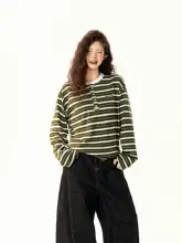レトロなバイカラーストライプヘンリーネック長袖Tシャツ【ゆったりフィット・スタイリッシュ・シンプル】