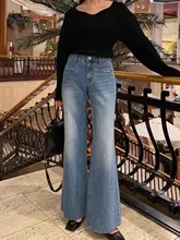 高腰デニムパンツ【ウォッシュ加工・フェイクポケット・レトロデザイン・ワイドレッグ】