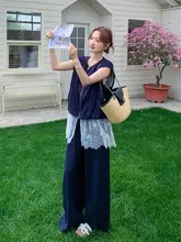 深い青のレース切替ベストとワイドパンツ【夏用・女性用・シルエットを美しく見せる】（セットアップ対応）