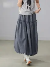 レトロチェック柄のウエストゴム花苞スカート【ゆったりとした中丈Aライン】