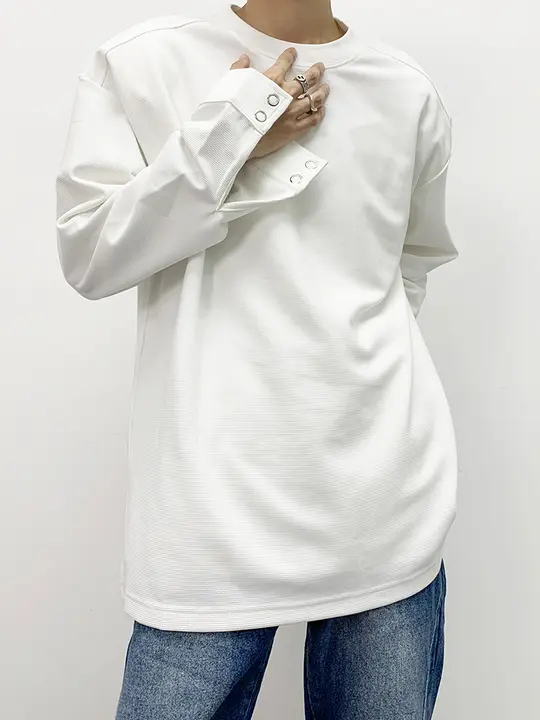 春秋用デザイン袖口の白色ラウンドネック長袖Tシャツ【メンズ・ゆったりシルエット】