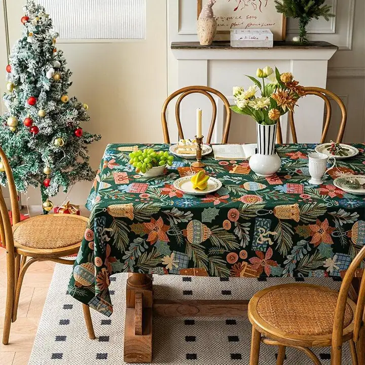 アメリカンスタイルのクリスマス刺繍テーブルクロス【高級感漂う・田園風・ビンテージデザイン】