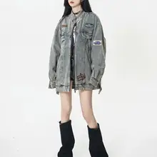 ヴィンテージ風刺繍デザインのデニムジャケット【秋用・ユニセックス・カジュアル】（セットアップ対応）