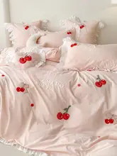 ピンクのコットン刺繍入り四点セット【韓国スタイル・1.8m用・水洗いコットン・寝具一式】