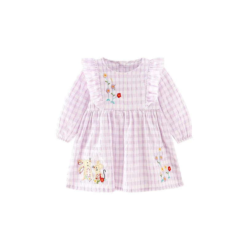 1歳女の子服おしゃれ：子供用長袖ワンピースの秋用チェック柄フリルデザイン