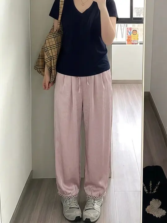 快適で軽やか！大きいサイズの薄手ストレートパンツ【ウエストゴム・カジュアル・九分丈】（セットアップ対応）
