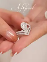 モザン石一カラの二重婚約指輪【水滴デザイン・925純銀・18kプラチナ仕上げ・豪華な王冠風】