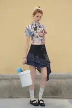 ブルーのミディスカート【ヴィンテージ風・不規則ストライプ・ウエストベルト付き】（セットアップ対応）
