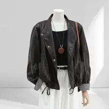 チェック柄切替のレディースPUレザージャケット【春秋用・ゆったりしたシルエット・スリム効果】