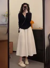 高腰の落ち感ある白いサーキュラー半身スカート【Aライン・ウエストゴム・夏用・小柄向け】