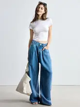 涼感のある天絲素材のワイドレッグデニムパンツ【夏用・低腰・ゆったりシルエット】