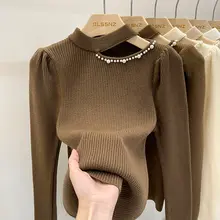 半高ネックニットセーター【秋冬・肩出しデザイン・透かし編み】