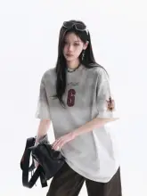 ストリートスタイルのレトロな染色プリントラウンドネックTシャツ【ユニセックス・ショートスリーブ】