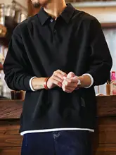 トレンドのポロ衿デザイン メンズブラック長袖トップス【春用・ゆったりシルエット・カジュアル】（セットアップ対応）