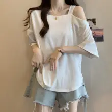 韓国風 不規則デザインのオフショルダー半袖Tシャツ【夏用・大きいサイズ・  ゆったりシルエット】（セットアップ対応）